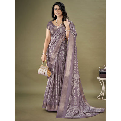 Mauve Floral Printed Dola Silk Saree
