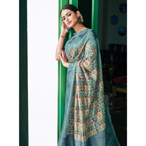 Multicolor Digital Printed Raw Silk Saree With Tassels
