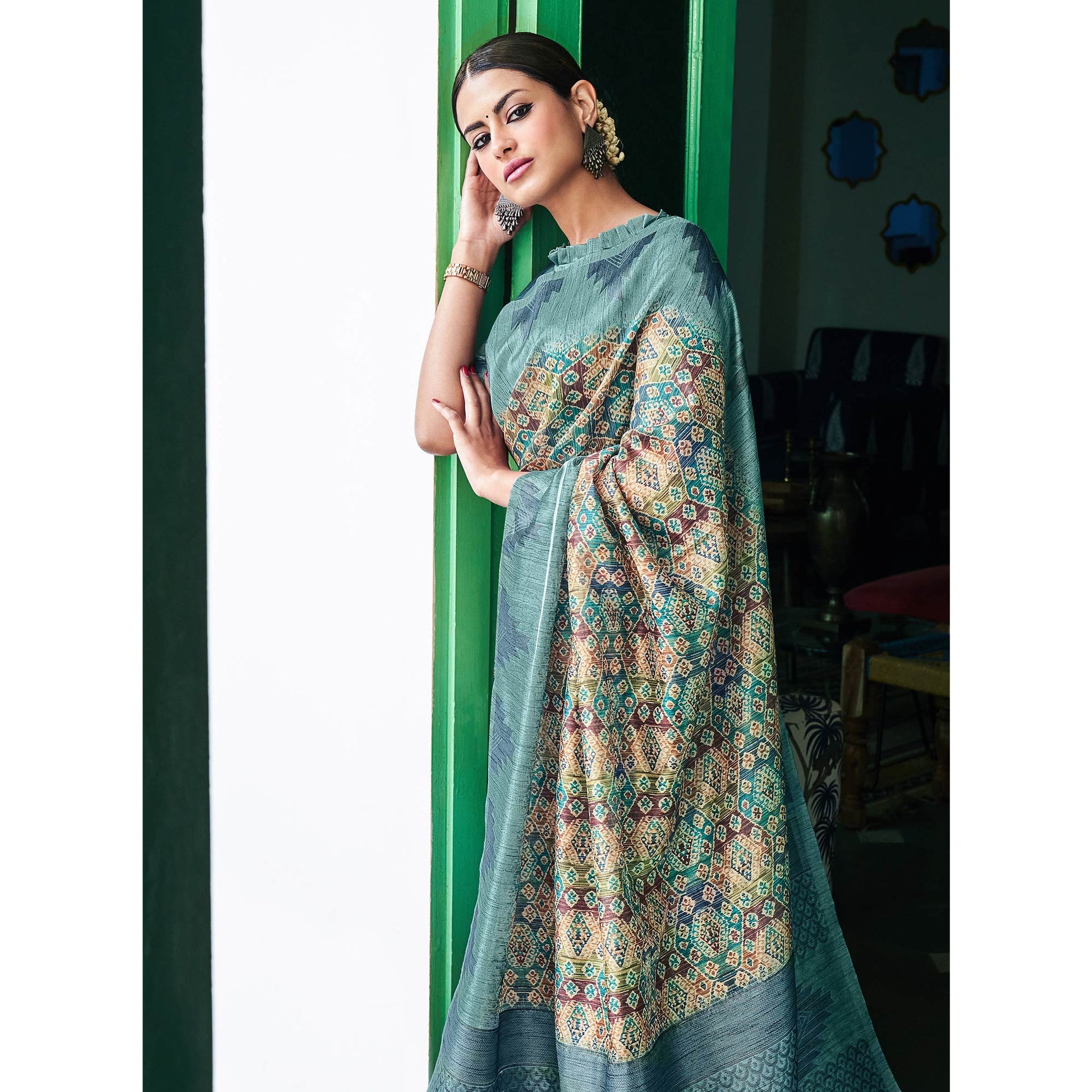 Multicolor Digital Printed Raw Silk Saree With Tassels