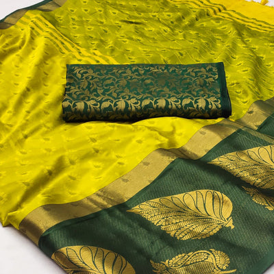 Lemon Green Woven Cotton Silk Saree With Tassels