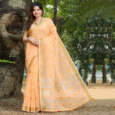 Light Orange Embroidered Linen Saree With Tassels