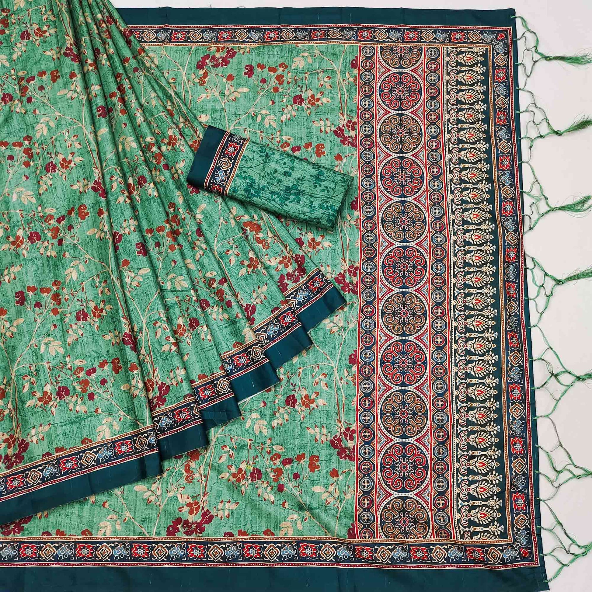 green-floral-digital-printed-tussar-silk-saree-with-tassels