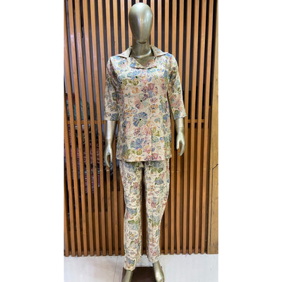 Cream Floral Printed Muslin Co Ord Set