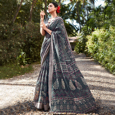 Grey Printed With Woven Border Cotton Saree