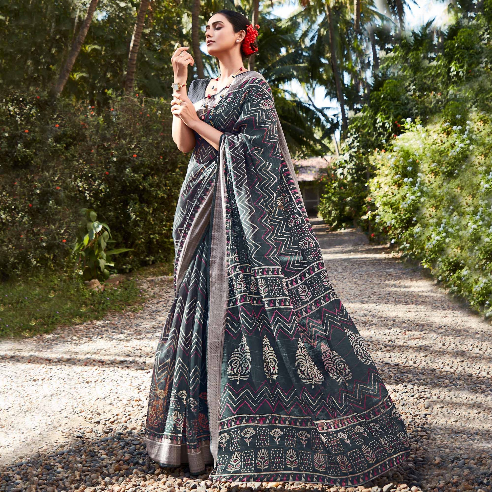 Grey Printed With Woven Border Cotton Saree