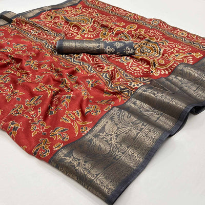 Maroon Blue Printed With Woven Border Dola Silk Saree
