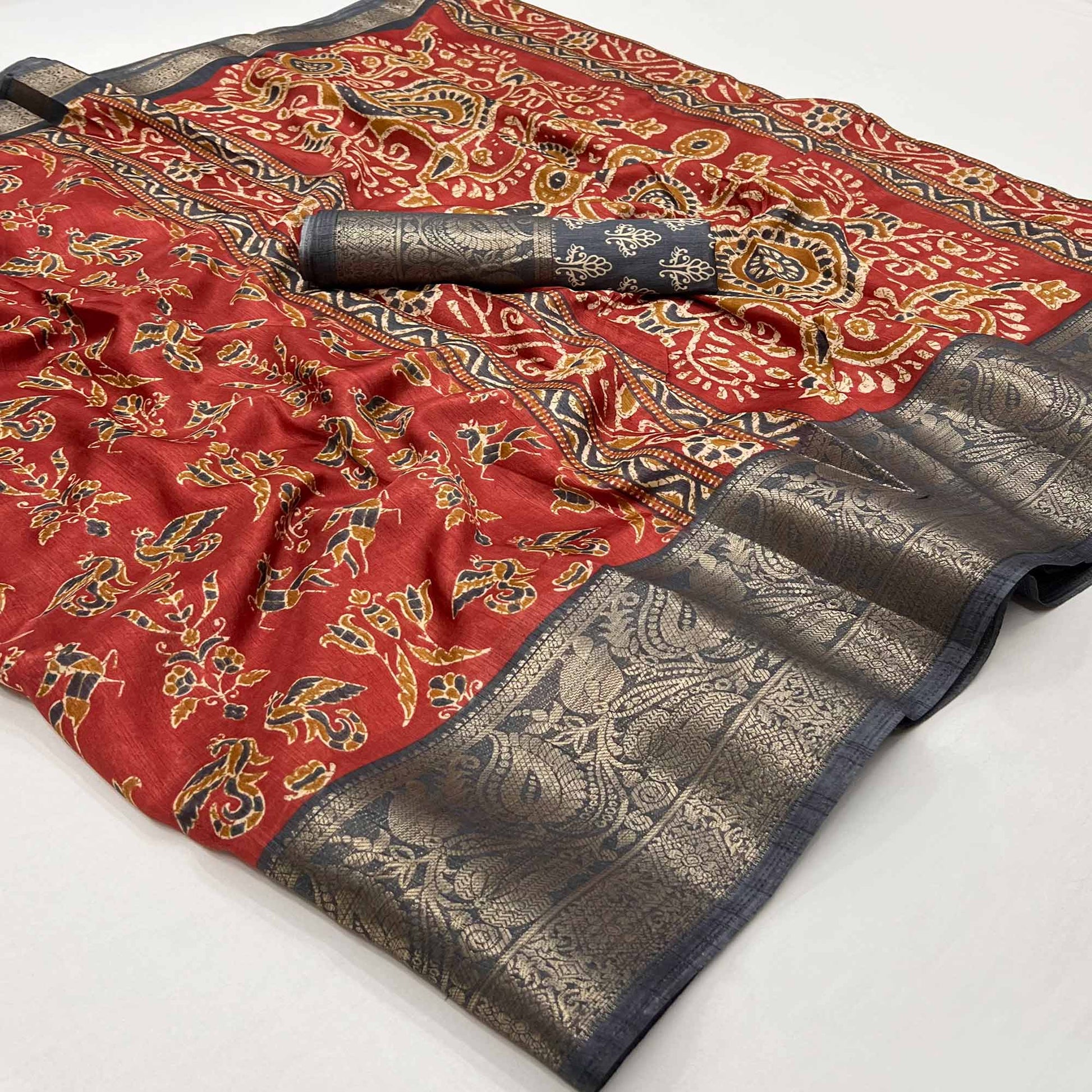 Maroon Blue Printed With Woven Border Dola Silk Saree