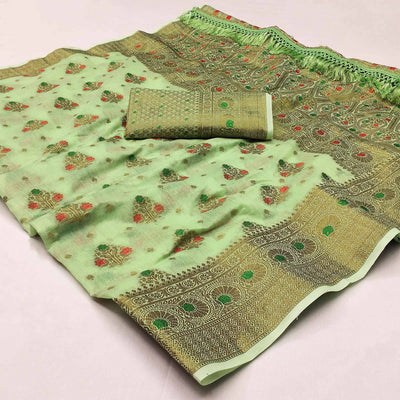 green-woven-poly-cotton-saree-with-tassels-2