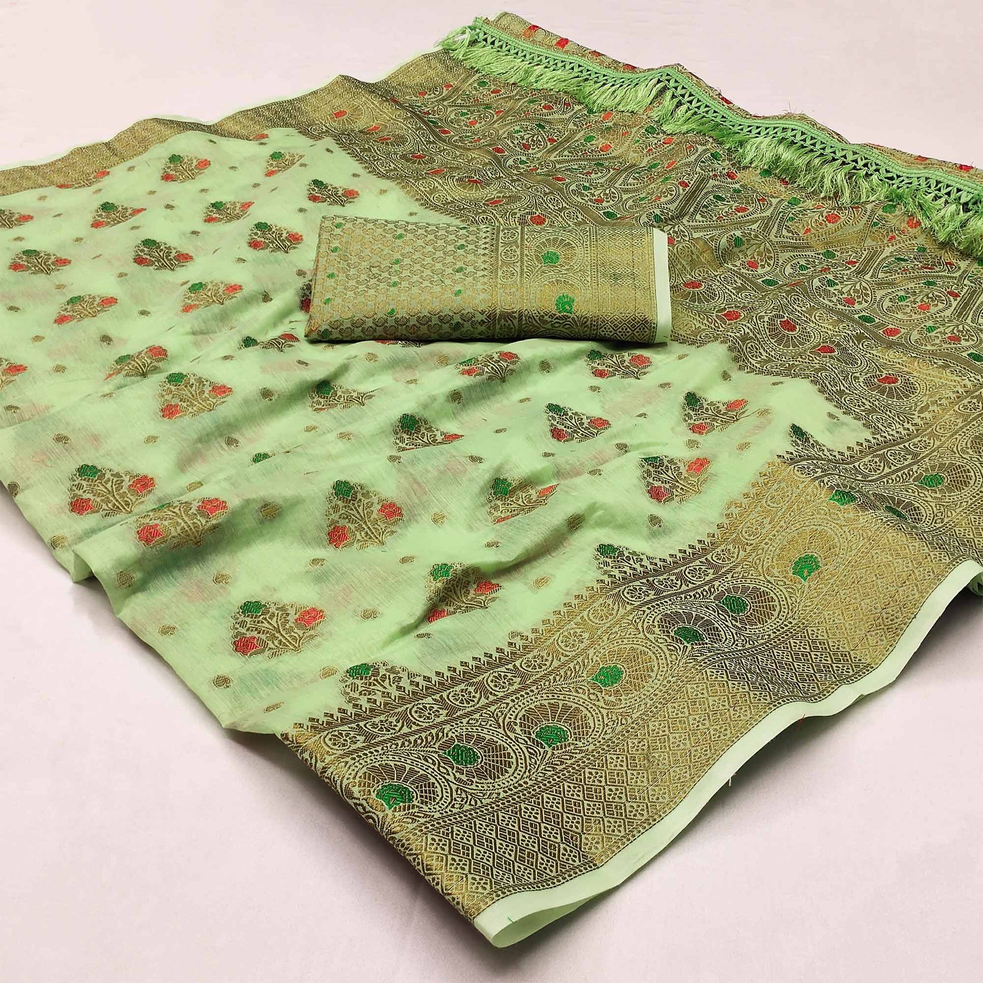 green-woven-poly-cotton-saree-with-tassels-2