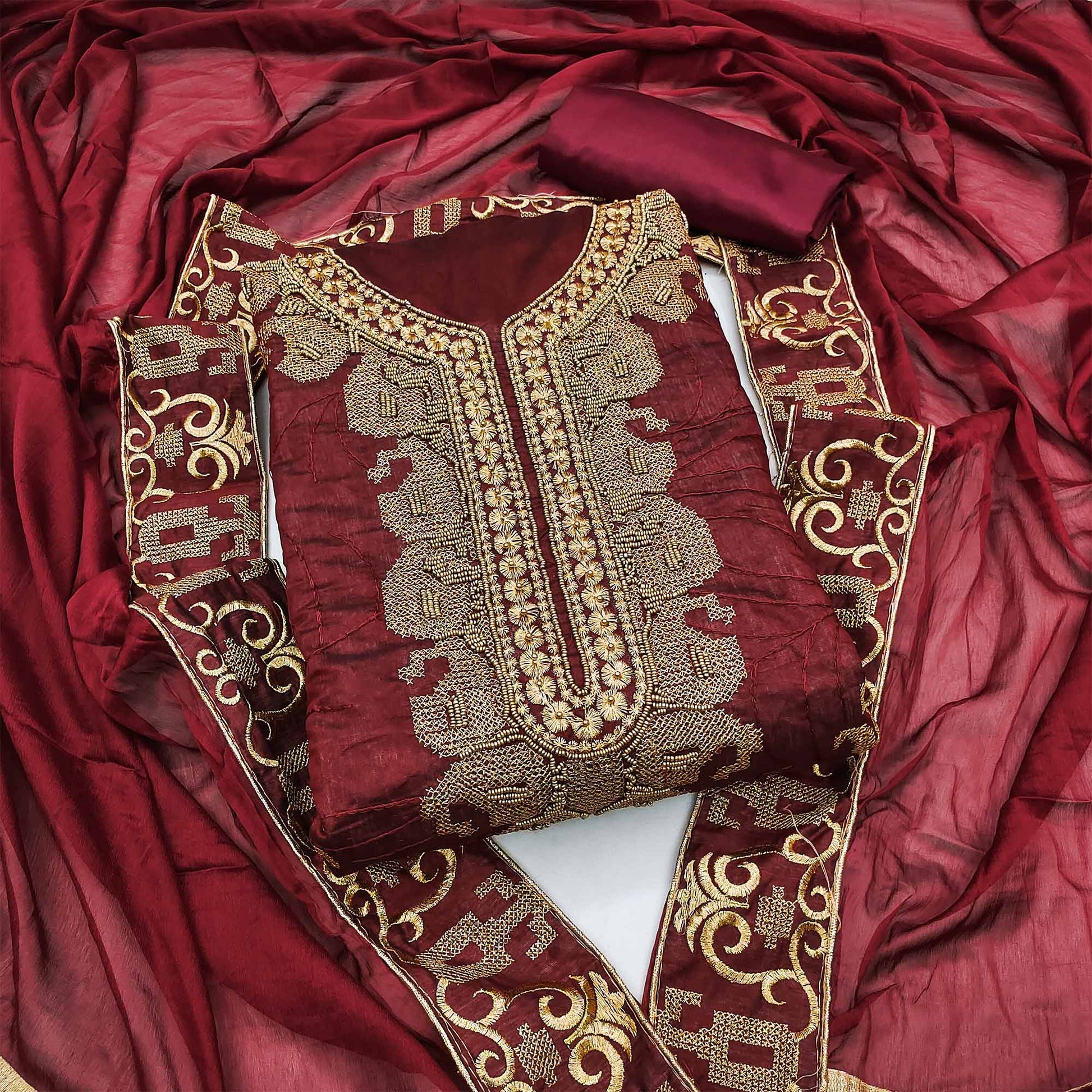 Maroon Handwork Embroidered Modal Dress Material