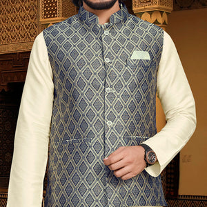 Cream Blue Woven Art Silk Kurta Pyjama Set With Jacket