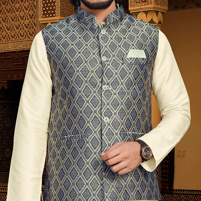 Cream Blue Woven Art Silk Kurta Pyjama Set With Jacket