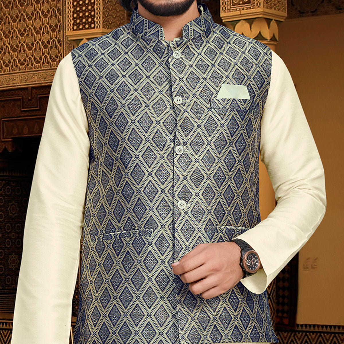 Cream Blue Woven Art Silk Kurta Pyjama Set With Jacket