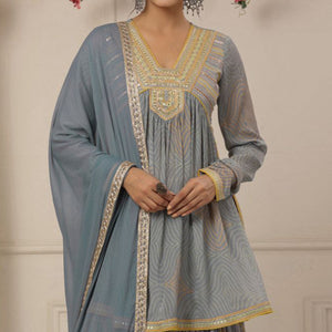 Grey Printed With Embroidered Chiffon Sharara Suit