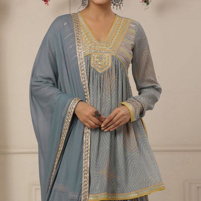 Grey Printed With Embroidered Chiffon Sharara Suit