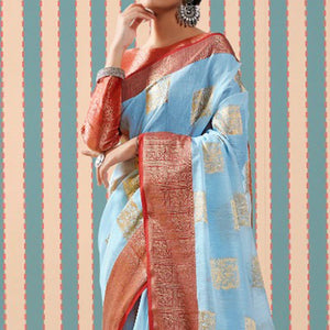 Blue Woven Linen Saree With Tassels