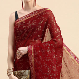 Maroon Floral Foil Printed Shimmer Saree