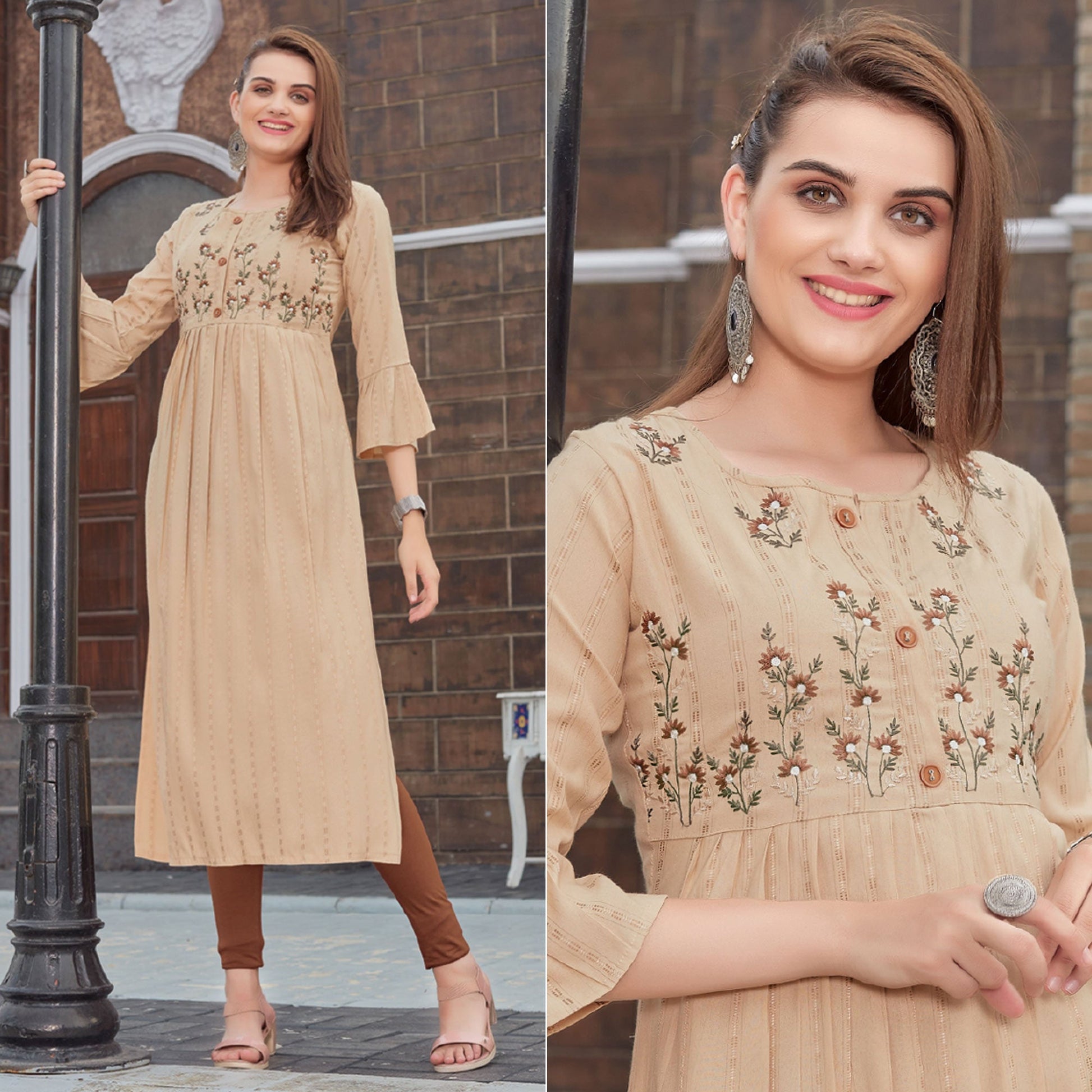 Light Brown Floral Embroidered Rayon Naira Cut Kurti
