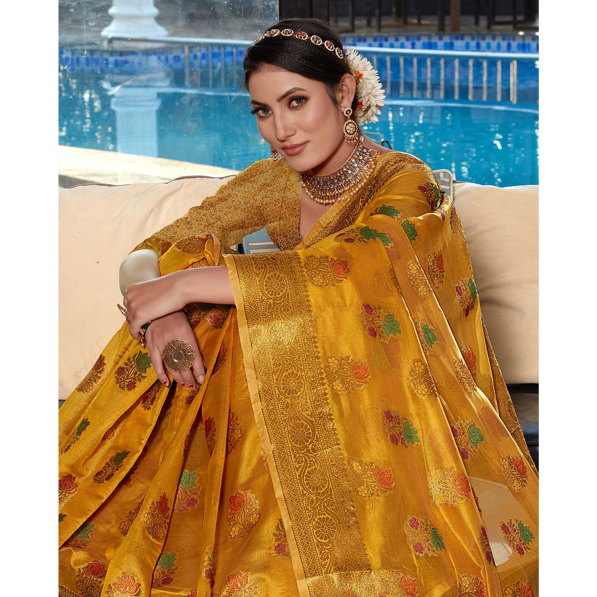 Light Mustard Floral Woven Organza Saree