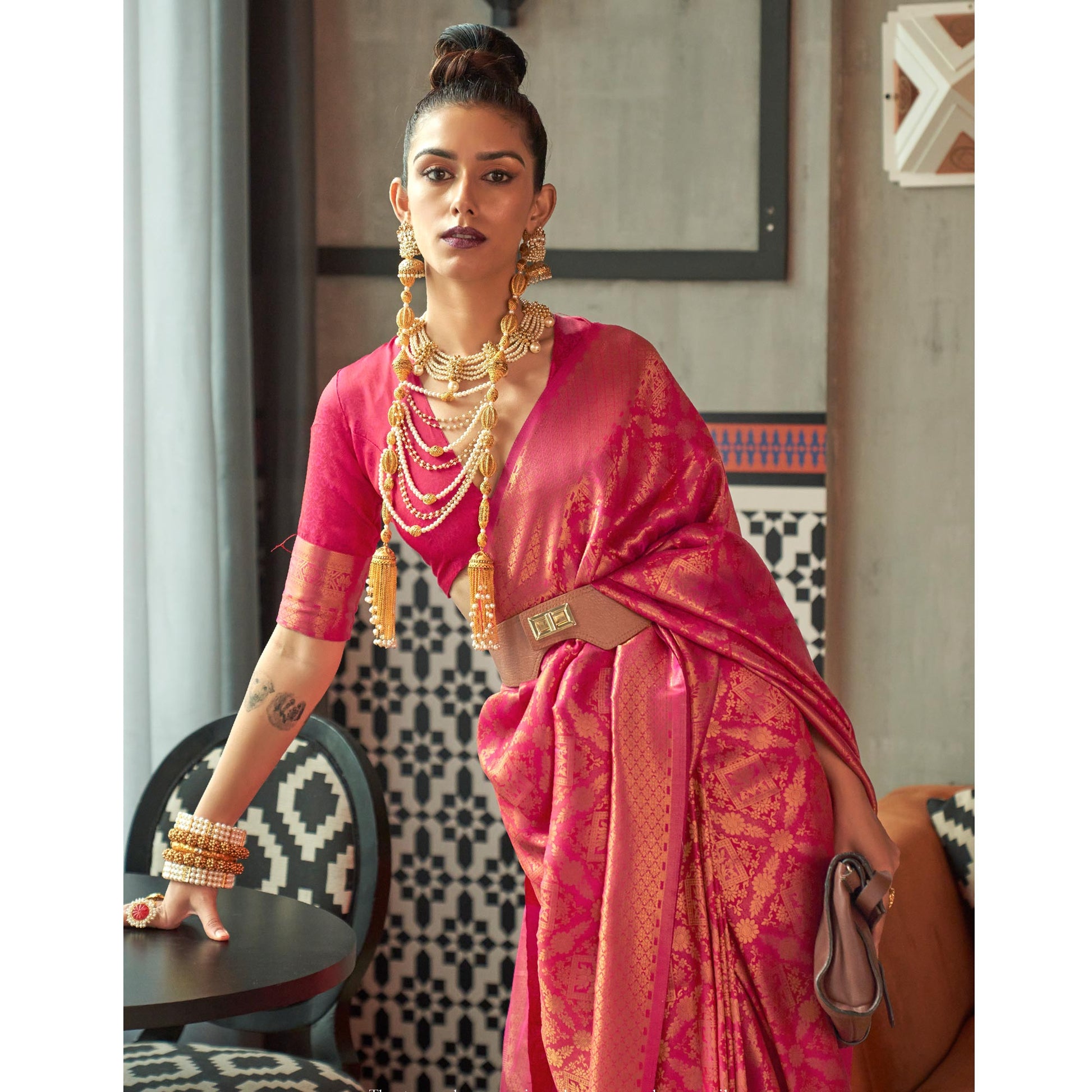 Magenta Pink Woven Art Silk Saree With Tassels