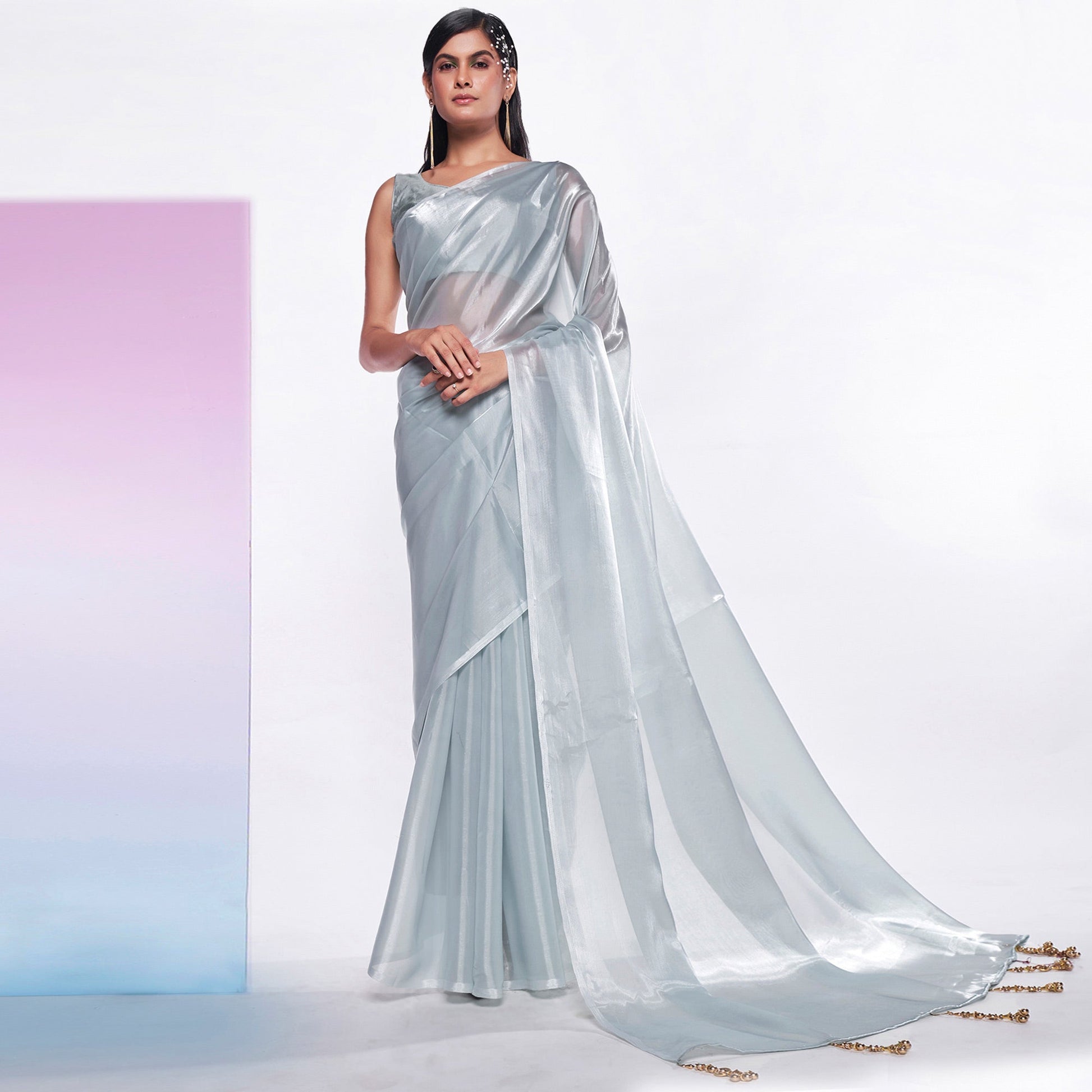 Grey Solid Organza Saree With Tassels