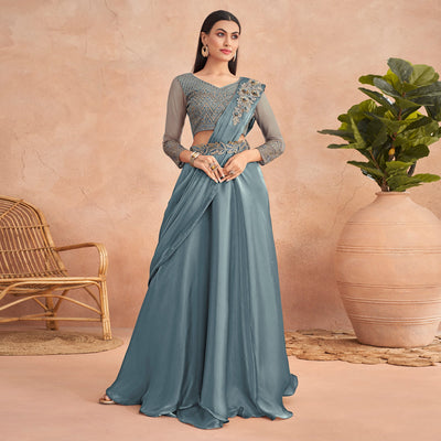 Grey Sequins Embroidered Ready to Wear Art Silk Saree