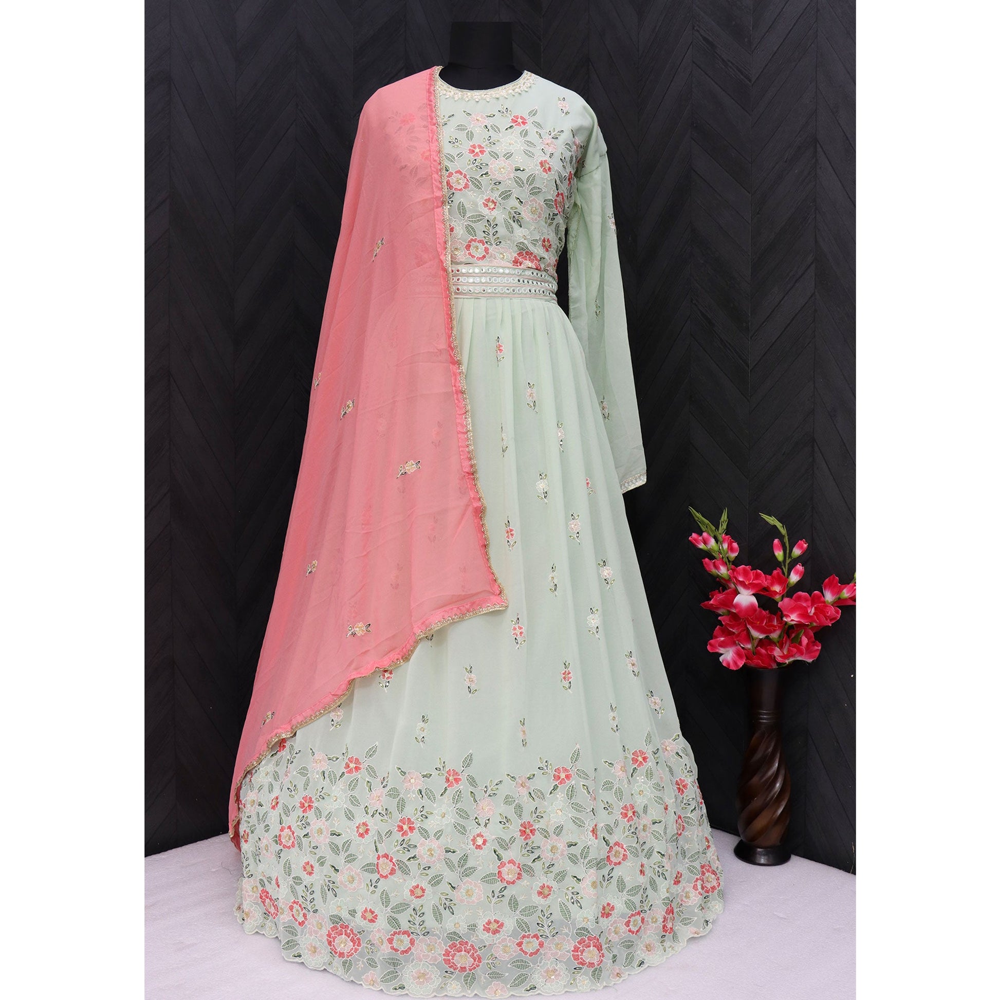 Light Pista Green Sequins Floral Embroidered Georgette Semi Stitched Anarkali Suit