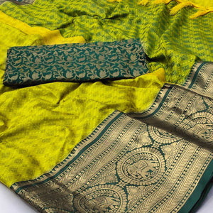 Lemon Green Woven Cotton Silk Saree With Tassels
