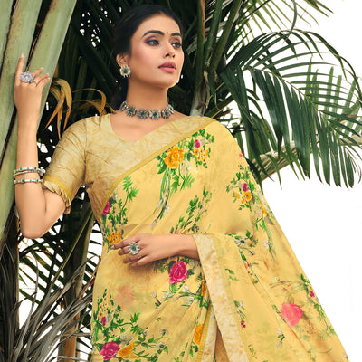 Lemon Yellow Floral Printed Georgette Saree
