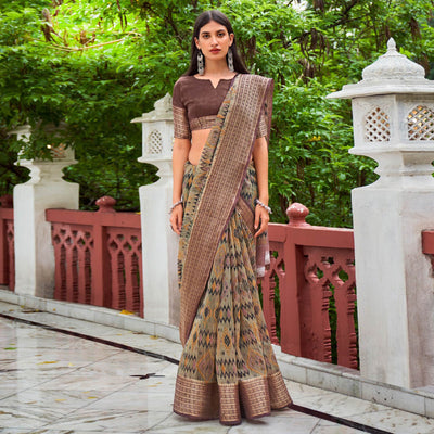 Grey Printed With Woven Border Raw Silk Saree