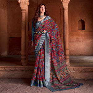 Maroon Floral Printed Linen Saree