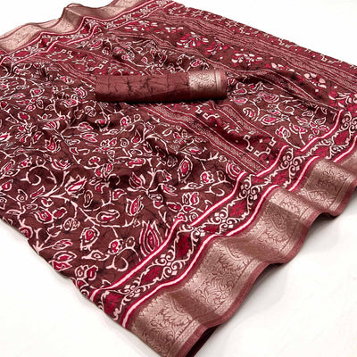 Brown Printed Dola Silk Saree