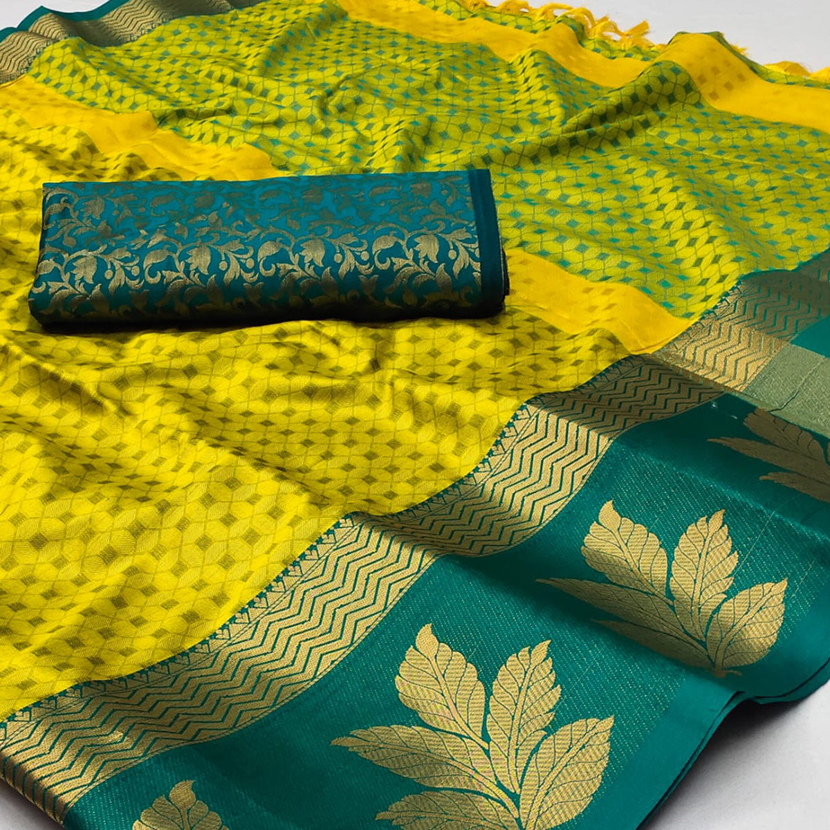 Lemon Yellow Woven Cotton Silk Saree With Tassels