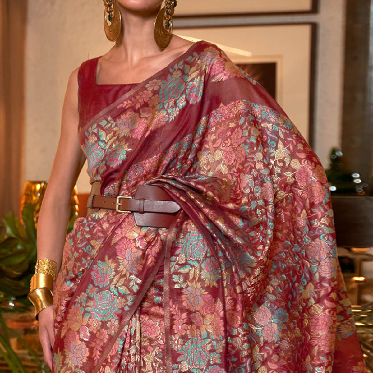 Maroon Floral Woven Art Silk Saree