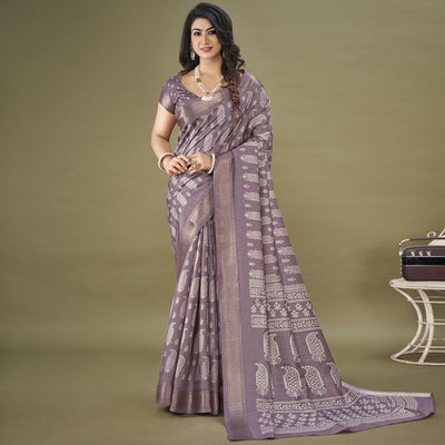Mauve Floral Printed Dola Silk Saree