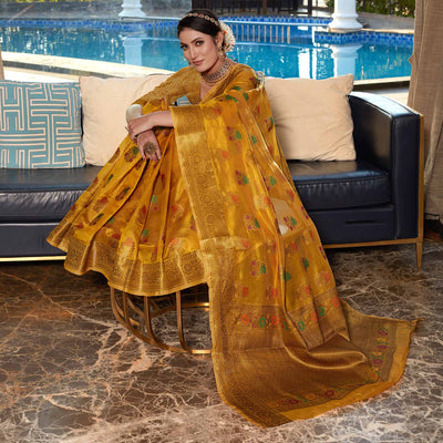 Light Mustard Floral Woven Organza Saree