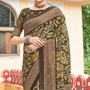 Brown-Green Floral Printed Georgette Saree