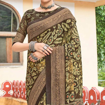Brown-Green Floral Printed Georgette Saree