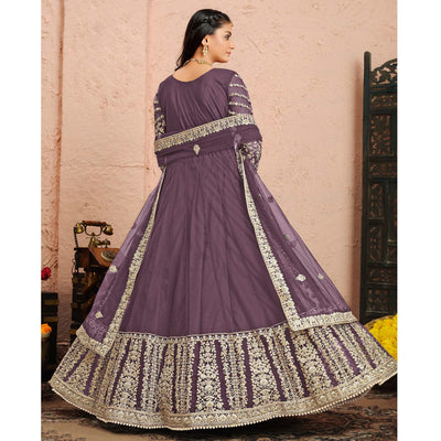 Mauve Floral Embroidered Net Gown