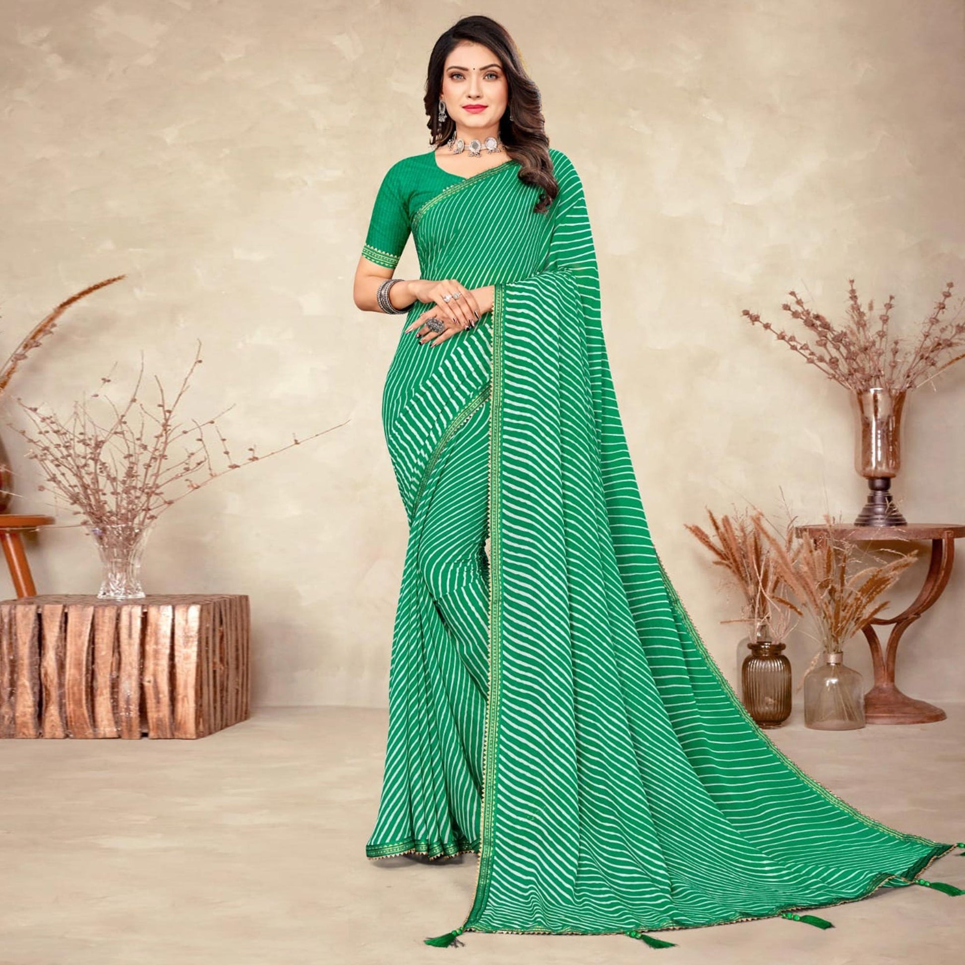 green-striped-printed-chiffon-saree