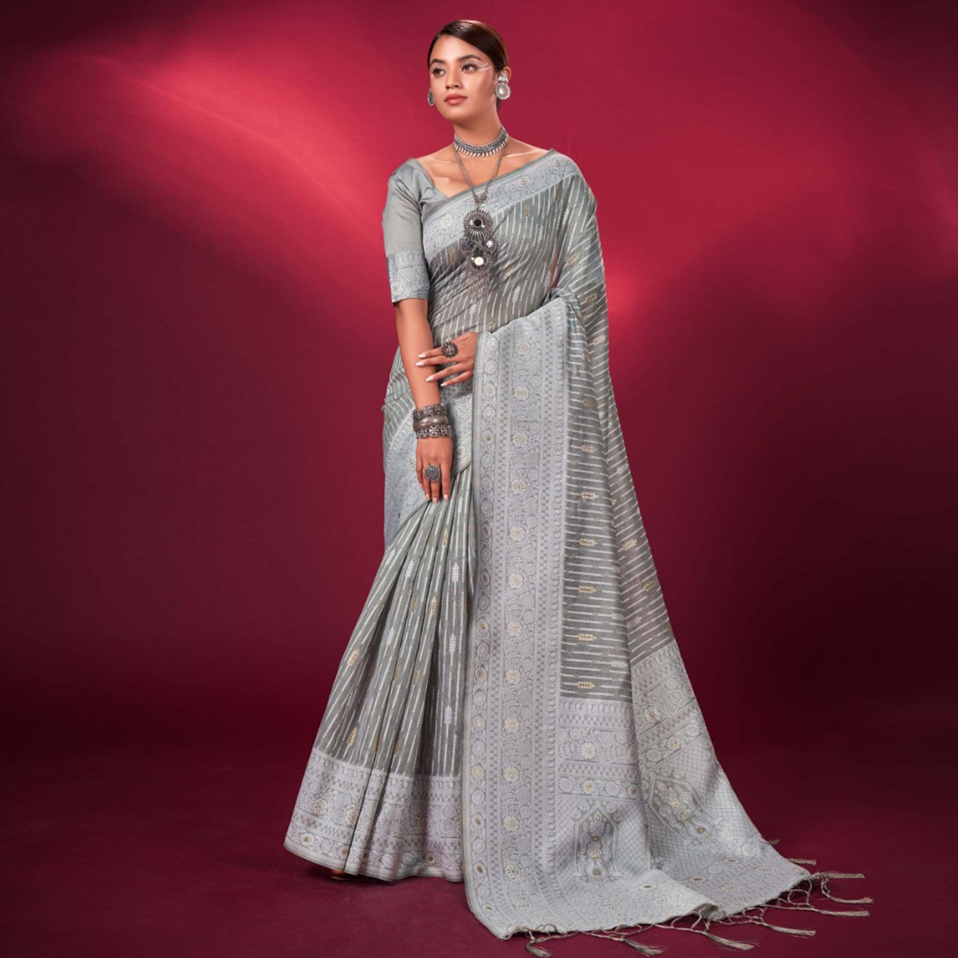 Grey Woven Cotton Silk Saree With Tassels