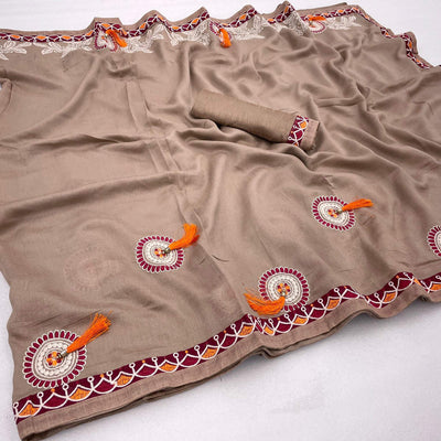 Dark Chikoo Embroidered Vichitra Silk Saree