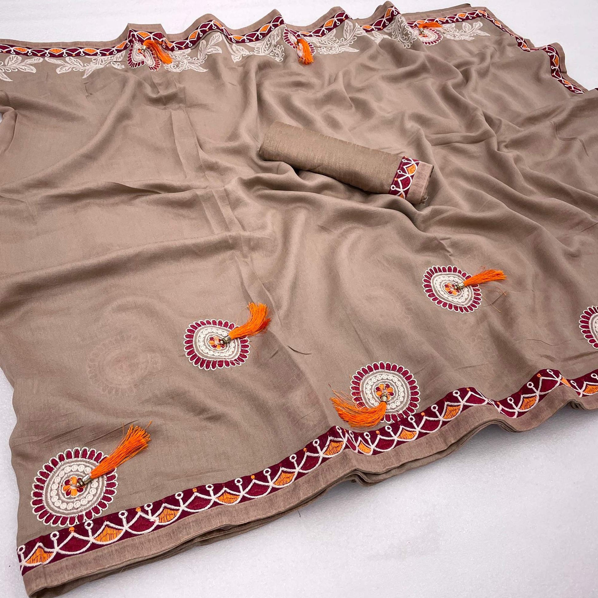 Dark Chikoo Embroidered Vichitra Silk Saree