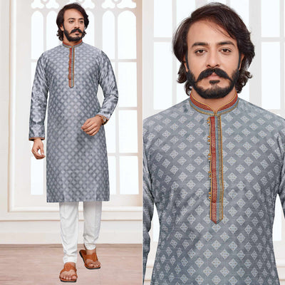 Grey Woven Jacquard Kurta Pyjama Set
