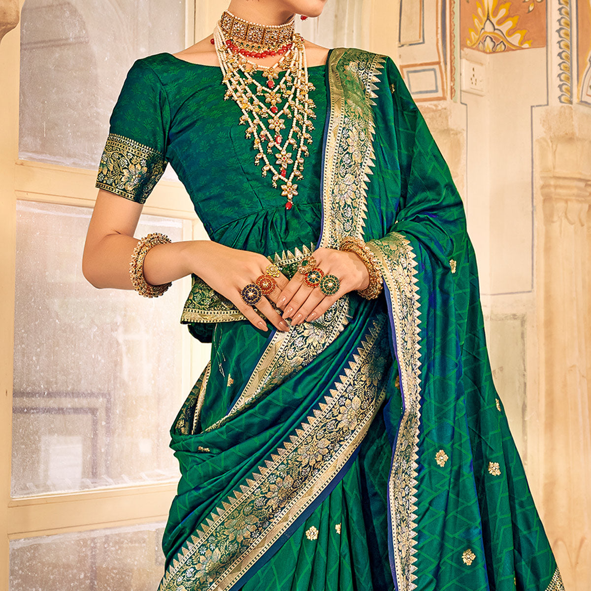 green-woven-satin-saree