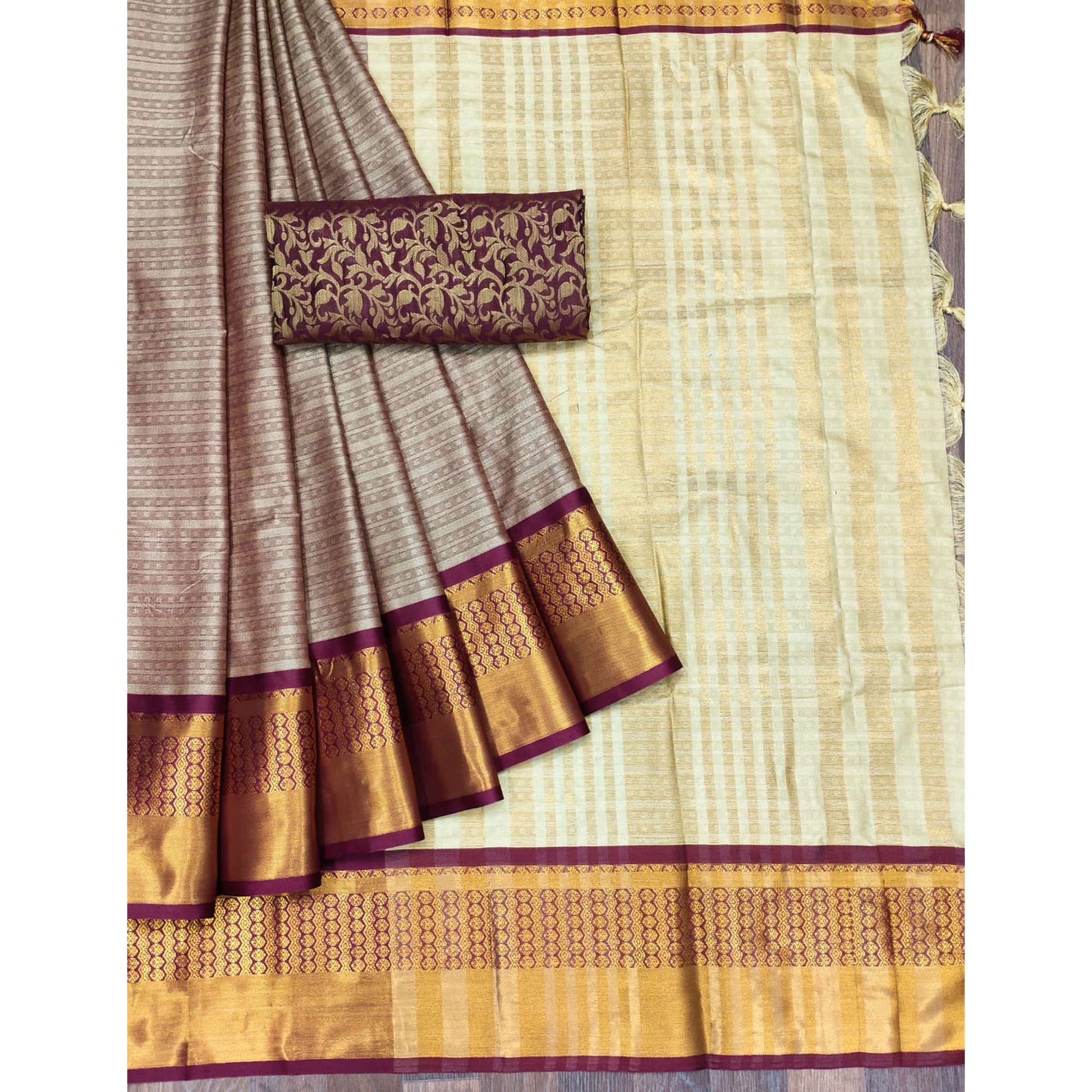 Chikoo Woven Cotton Silk Saree