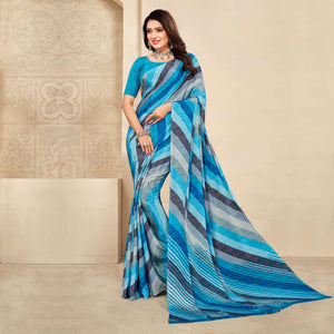 Blue Striped Printed Crepe Saree