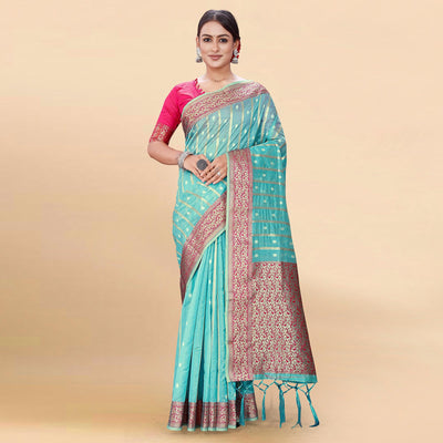 Blue Woven Organza Saree With Tassels
