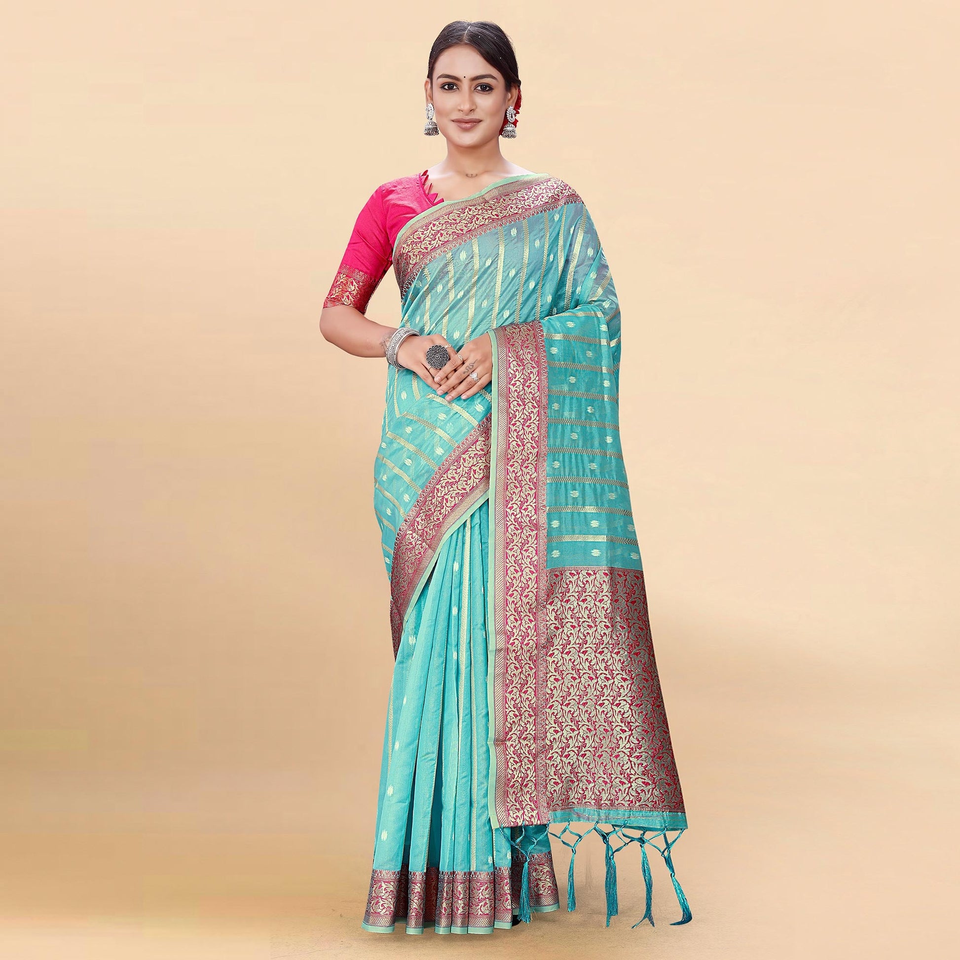 Blue Woven Organza Saree With Tassels