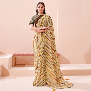 Cream Printed With Embroidered Georgette Saree